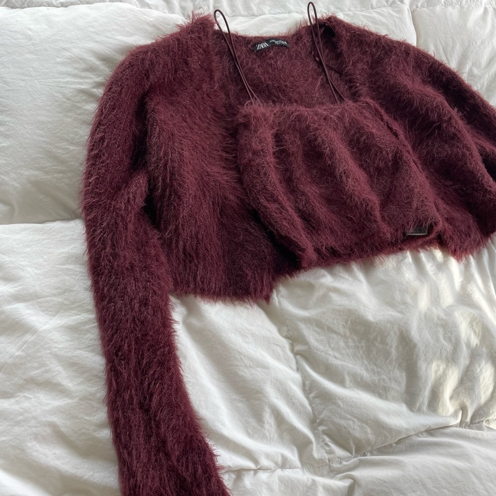 Two Piece Set: Fuzzy Sweater and Crop Top